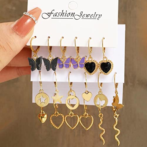 Black Peach Heart Earrings Acrylic Butterfly Earrings Women's Fashion Heart Star Snake Combination Earrings Set Of 9 #TOP25