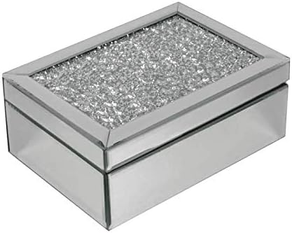 Silver Crushed Diamante Mirrored Glass Jewellery Box with Black Velvet Box Jewellery Storage Chest Diamante Box Jewelry Women Trinket Drawers Organiser Boxes Makeup