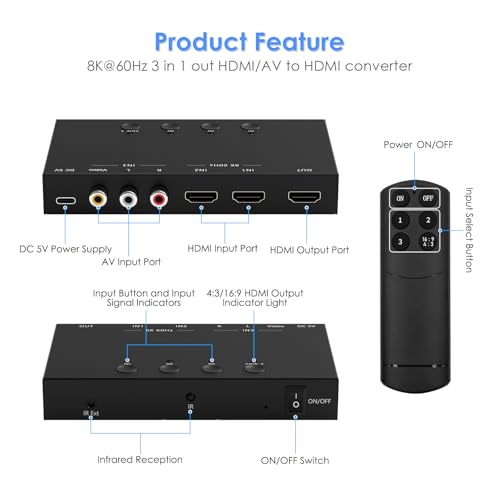 Image of 3-Port 8K@60Hz HDMI Switch with AV Input, 2X HDMI & 1x RCA to HDMI Converter Supports HDR10, HDCP 2.2, 3D with IR Remote Control, Compatible with Xbox /PS2 /Nintendo Switch,Xbox,PS5 /PS4,Roku,Apple TV