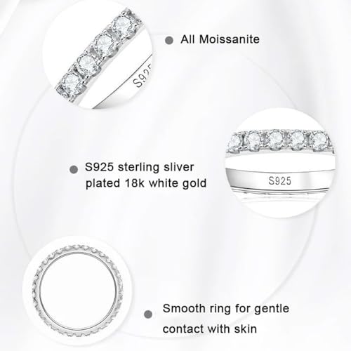 Moissanite Wedding Band Rings for Women, s925 Sterling Silver Dainty Rings with 18K White Gold Plated Eternity Stackable Engagement Ring Anniversary Band4