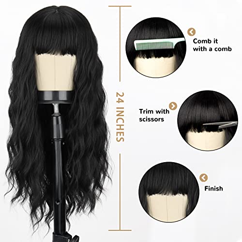 Merisihair Long Black Wig With Bangs,Synthetic Wavy Bang Black Wigs For Women, Women Long Curly Heat Resistant Black Hair Wig,Cosplay Selena Black Wig 24 Inches(Black) #TOP1