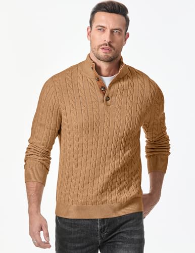 Image of JMIERR Men's Cable Knit Pullover Sweater Casual Long Sleeve Stand Collar Button Knitted Sweaters