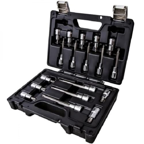 Il kit di chiavi a bussola comprende: 18 bussole maschio TORX di lunghezze: misure T20-T25-T27-T30-T40-T45-T50-T55-T60-T70, lunghezza 55 mm; misure T20-T25-T27-T30-T40, lunghezza 100 mm; misure T45-T50-T55, lunghezza 140 mm