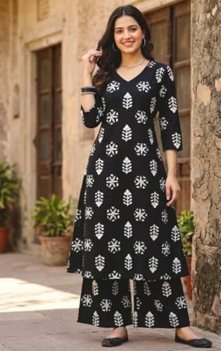 Image of CREATION & YOU Women Cotton Printed Kurta with Palazzo Set | Work /Office Wear Kurta Set for Women