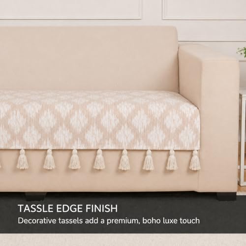 Image of STITCHNEST 'Verdant Ikat Stories' 2 Seater Sofa Cover| Elegant Jacquard Fabric, Decorative Tassels, Washable & Durable for Modern Living