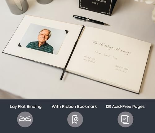 Modern Album Designs Candle Hardcover Funeral Guest Book - 9.5 x 7 Celebration of Life Guestbook for Memorial Service with 5x7 Paper Sign, Pen, Black Photo Corner Stickers by Modern Album Designs - Used condition - Image 2
