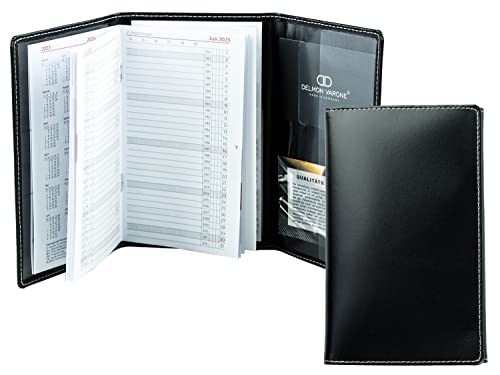 DELMON VARONE - Personalisierbarer Taschenkalender 2026 3-teilig Cambridge Top Grain Leder-Hülle schwarz - Organizer Terminplaner (1 Monat 1 Seite) - Buch-Kalender Monatsübersicht, Adressenheft