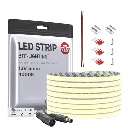 Image of BTF-LIGHTING FCOB Thin 5mm Width COB LED Strip, UL Listed Natural White 4000K Narrow Uniform Light, 16.4FT DC12V CRI 90+ Flexible LED Tape Light for Home Indoor DIY Lighting(No Adapter or Controller)