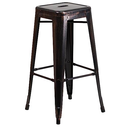 Flash Furniture Stone Commercial Grade 23.75" Square Black-Antique Gold Metal Indoor-Outdoor Bar Table Set With 2 Square Seat Backless Stools #TOP3