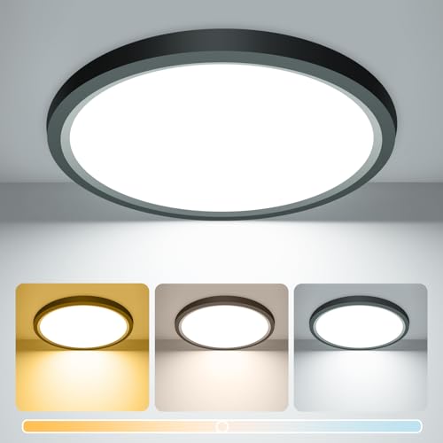 zemty 15W 1800LM LED Ceiling Light, Bathroom Lights Ceiling 3000K/4000K/6500K, IP44 Waterproof, 18cm Ultra Thin Round Black Flush Ceiling Light for Bedroom,Kitchen, Living Room,Toilet,Utility Room