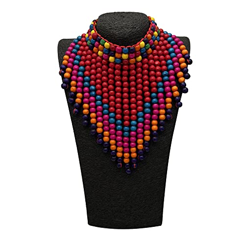 Jhwzaiy Statement African Jewelry Chunky Colorful Wood Beaded Necklaces For Women Strands Big Bib Choker Collar Multi Color Layered Cluster Tassel Wooden Bead Necklace Handmade Fashion Costume Accessories (Red Multicolor) #TOP2