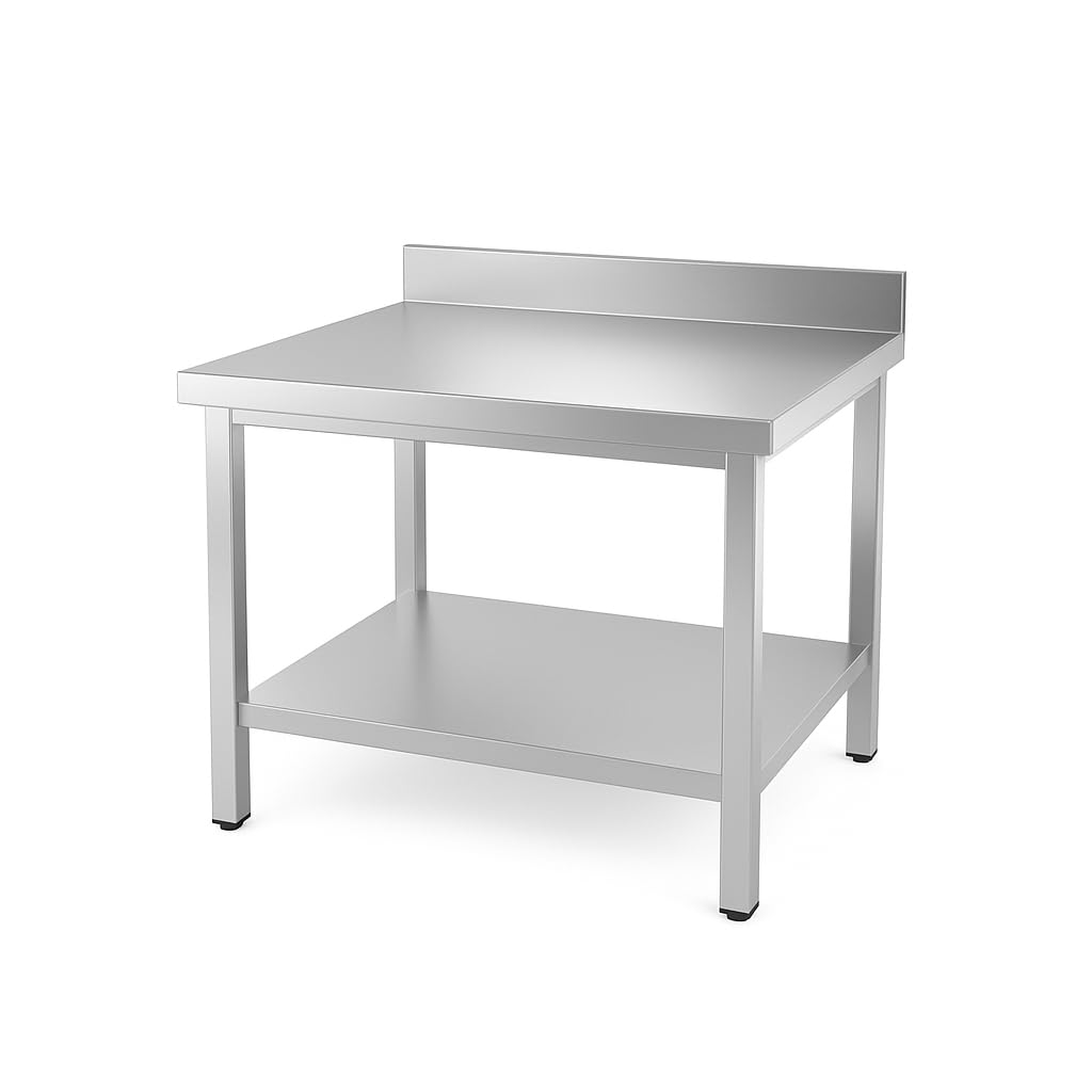 Genérico Mesa Inox Profesional Adosada - 800 x 600 mm - Estante inferior - Respaldo 100 mm - Capacidad 150 kg - Montaje Fácil