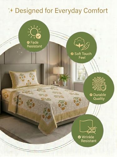 Image of Mafatlal 144 TC Pure 100% Cotton Twin Bed Sheet with Pillow Cover | 90x60 inches | Bedcover for Single Size Bed, Jaipuri Prints | Light Yellow