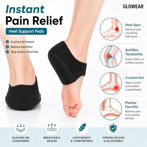 Image of Glowear Silicone Gel Heel Cups for Pain Relief | Plantar Fasciitis, Spur & Achilles Support for Men & Women | Breathable Cushion | Washable & Reusable | Black, Large