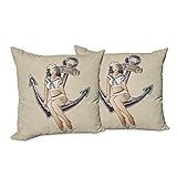 Ambesonne Anchor Decorative Throw Pillow Case Pack of 2, Sailor Themed American Traditional Shark and Heart Vintage Twenties Illustration, Couch Bedroom Living Room Cushion Cover, 20', Multicolor