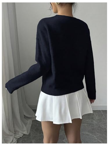 Image of RoseSeek Women's 3D Floral Appliques Crewneck Sweaters Long Sleeve Drop Shoulder Pullovers Elegant Knit Tops