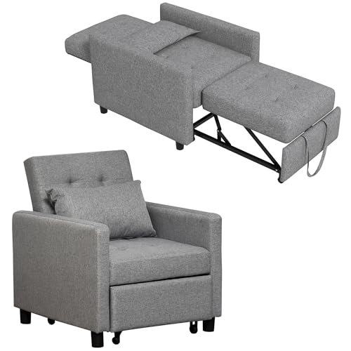 HOMCOM Sofá Cama de 1 Plaza 3 en 1, Sillón Cama Tapizado en Lino, con Respaldo Ajustable de 3 Niveles, Almohada Acolchada, para Oficina, Dormitorio, Salón, 69x82,5x84 cm, Gris