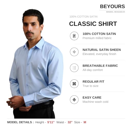 Image of BEYOURS Men's Full Sleeve Shirt Regular Fit Spread Collar 100% Cotton Satin Office & Formal.