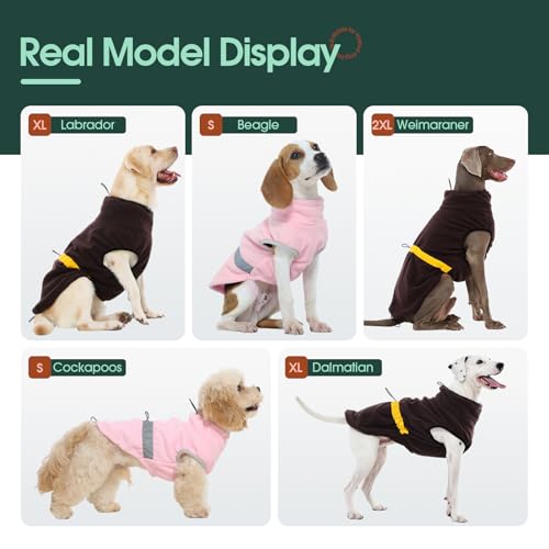 Kuoser Fleece Hundepullover, Verstellbarer Warmer Hundemantel mit Kordelzug, Weiche Hundeweste mit Geschirröffnung für Mittelgroße Hunde Winterjacke, Braun M