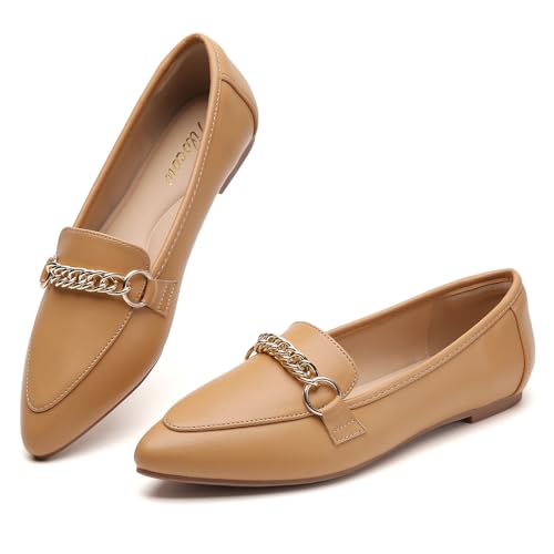 Image of Tilocow Metal Chain Loafers for Women Pointed Toe Slip on Flats Comfortable Fashion Work Shoes
