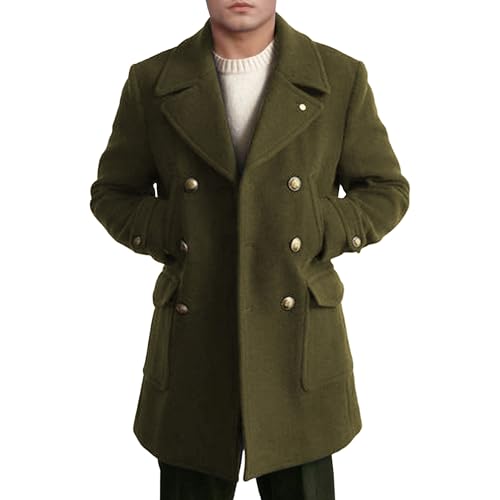 Men's Mid Length Pocket Trench Jacket Long Sleeve Suit Collar Faux Woolen Coat Winter Warm Double Breasted Pea Coat