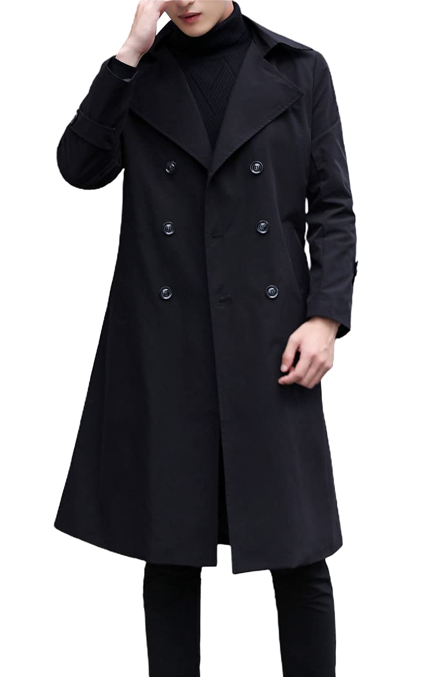Men's Fall Lightweight Over Knee Double Breasted Belted Trench Coat | Black | 2XL-image-37