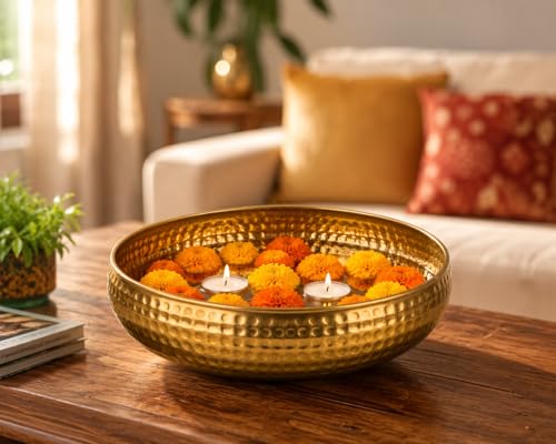 Image of Hammered Iron Metal Urli Bowl with Golden Finish - 10 Inch Medium | Floating Flowers, Tea Light Candles, Centre Table, Festive & Diwali Decoration Gift