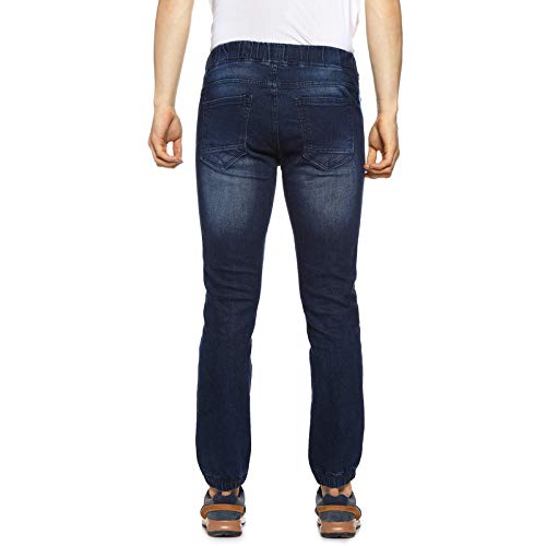 Image of CAHOOT Men' Denim Jeans for Regular Wear Blue Dark Wash Self Patterned Slim Fit Jeans Crafted with Comfort Fit and High Performance for Everyday Casual Wear