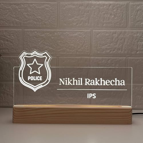 Image of Personalized Acrylic Desk Name Lamp for Police Officers | Custom LED Light with Name, Designation & Badge Logo | Inspector, DSP, SP, DCP, SSP, IPS Officer Gift | Best Police Service Gift (10 x 6 inch) (For Police Officer)