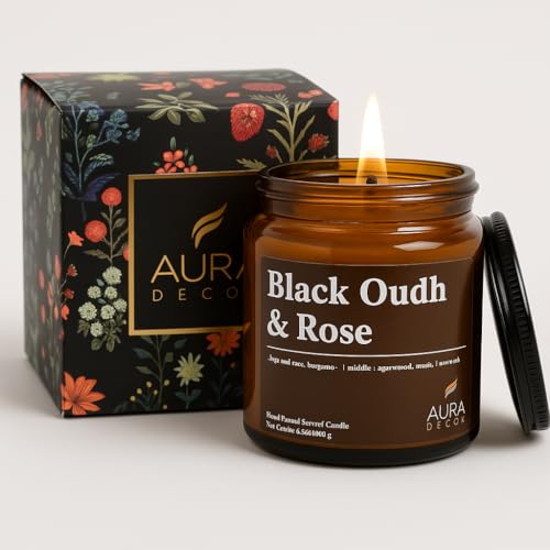 Image of AuraDecor Scented Jar Candle | Handpoured Soy Wax Candle with Long Lasting Burn Time | Premium Amber Jar Aromatherapy Candle | Ideal Gift for Home & Decor (Large, Black Oudh & Rose)