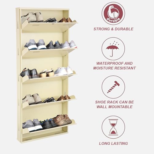 Image of Metal Shoe Rack Wall Mounted for Home with Central Locking | 5 Door 28 inch Wall Mounted Metal 15 Pair Shoe Rack Cabinet | Pre-Assembled Rack Shelves | 3 Year Warranty (Ivory)