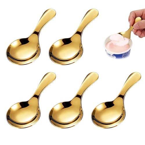5PCS Mini Ice Cream Scoop for Canisters, Gold Mini Candy Serving Scoops Stainless Steel Short Handle Salt Condiments Dessert Spoons for Restaurant Candy Buffet Condiments Dessert(Gold)