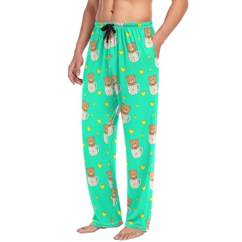 Men’s Cute Kawaii Bears Pajama Pants with Pockets, Comfortable Lounge Sleep Bottoms#2174