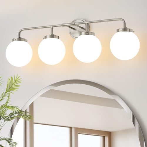 Image of Bathroom Light Fixtures Over Mirror, Brushed Nickel Modern Vanity Lighting with Milk White Glass Globe Shades 4-Light Farmhouse Wall Sconce