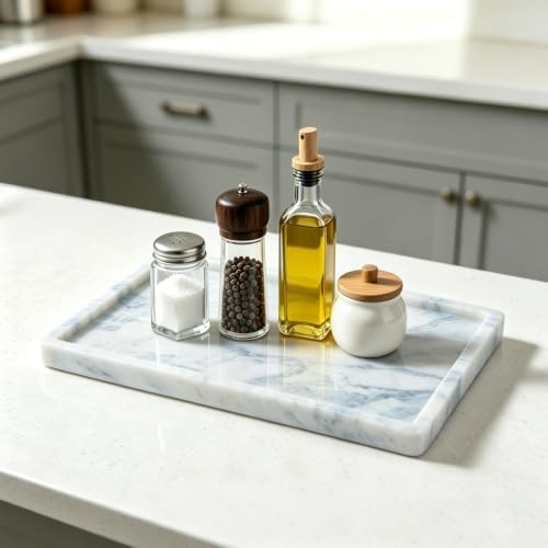 Erongoo Marble Tray, 12"x8" Marble Vanity Tray for Bathroom Kitchen Countertop, Rectangular Stone Tray for Perfume Jewelry Candle, Decorative White Catchall Serving Tray Home Decor(Namib Sky) - 4