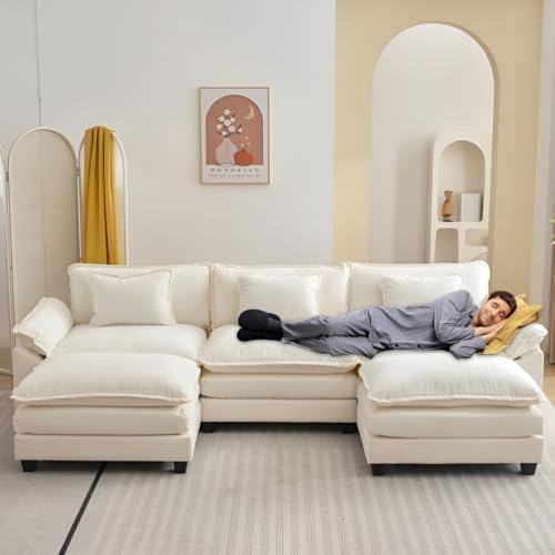 Image of Modern U Shaped Sectional Sofa, Plush Chenille Upholstery, Extra Deep Seats with Throw Pillows for Living Room Office Hotels (Cream)