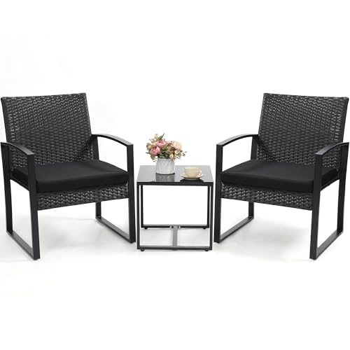 Murago 3 Piece Wicker Patio Bistro Set, Rattan Conversation Set with Coffee Table, for Balcony, Porch, Garden, Yard, Poolside, Black Frame with Black Cushion