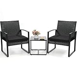 Murago 3 Piece Wicker Patio Bistro Set, Rattan Conversation Set with Coffee Table, for Balcony, Porch, Garden, Yard, Poolside, Black Frame with Black Cushion