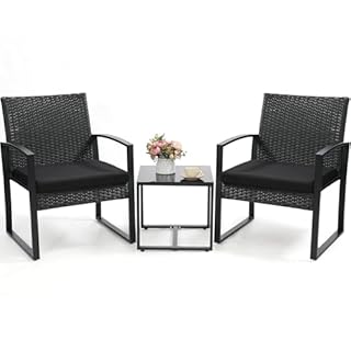 Murago 3 Piece Wicker Patio Bistro Set, Rattan Conversation Set with Coffee Table, for Balcony, Porch, Garden, Yard, Poolside, Black Frame with Black Cushion