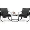 Murago 3 Piece Wicker Patio Bistro Set, Rattan Conversation Set with Coffee Table, for Balcony, Porch, Garden, Yard, Poolside, Black Frame with Black Cushion