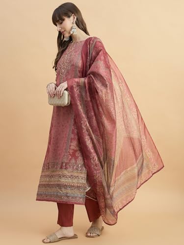 Image of SheWill Kurta Sets for Women - Red Rayon Aari Hand Work with Digital Floral Print Kurta with Pant and Chanderi Dupatta |Stylish Printed Summer Kurti Set