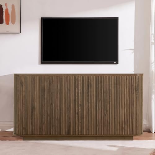 64" Sideboard Buffet Cabinet with Storage, Modern Fluted Accent Credenza with Adjustable Shelves, Wood Media Console Coffee Bar Table for Living Room Kitchen Dining Room, 31.5" H, Walnut - Image 8