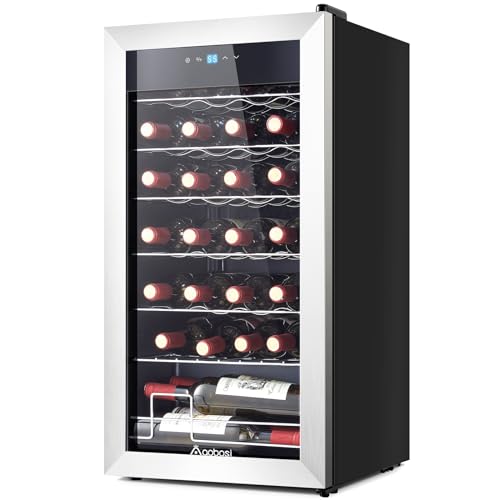Photo 1 of ***USED - POWERS ON - UNABLE TO TEST FURTHER - SEE PICTURES***
AAOBOSI Wine Refrigerator, 43.2 cm Freestanding Wine Cooler, 28 Bottles Double Paned Tempered Glass Wine Fridge, Low Noise Compressor, Blue LED Display, Adjustable Shelves