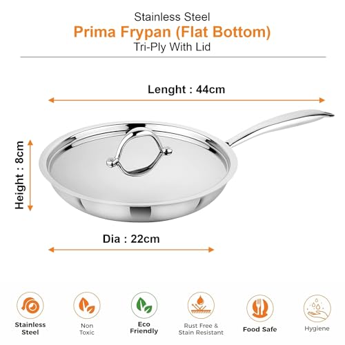 Image of Prabha Stainless Steel Fry Pan with Lid, Kitchen Fry Pan, Tri-Ply Layer Coating, 22cm, 1.4L Capacity, Induction and Gas Stove Suitable
