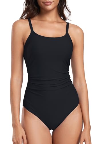Deriwone One Piece Swimsuit Ruched Tummy Control Swimming Costume Round Neck Swimwear Padded Adjustable Straps Bathing Suits XL,Black