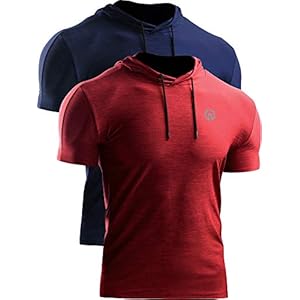 NELEUS Men’s 2 Pack Dry Fit Running Shirt Workout Athletic Shirt with Hoods,Navy Blue,Red,L,EU XL