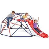 tectake® Klettergerüst, 185 x 243 x 90 cm, wetterfest, ab 3 Jahren, Sitzfläche aus Meshgewebe, inklusive 4 Heringe, Kletterturm, Spielturm, Gartenspielplatz, Kletteranlage - mit Rutsche, blau/rot