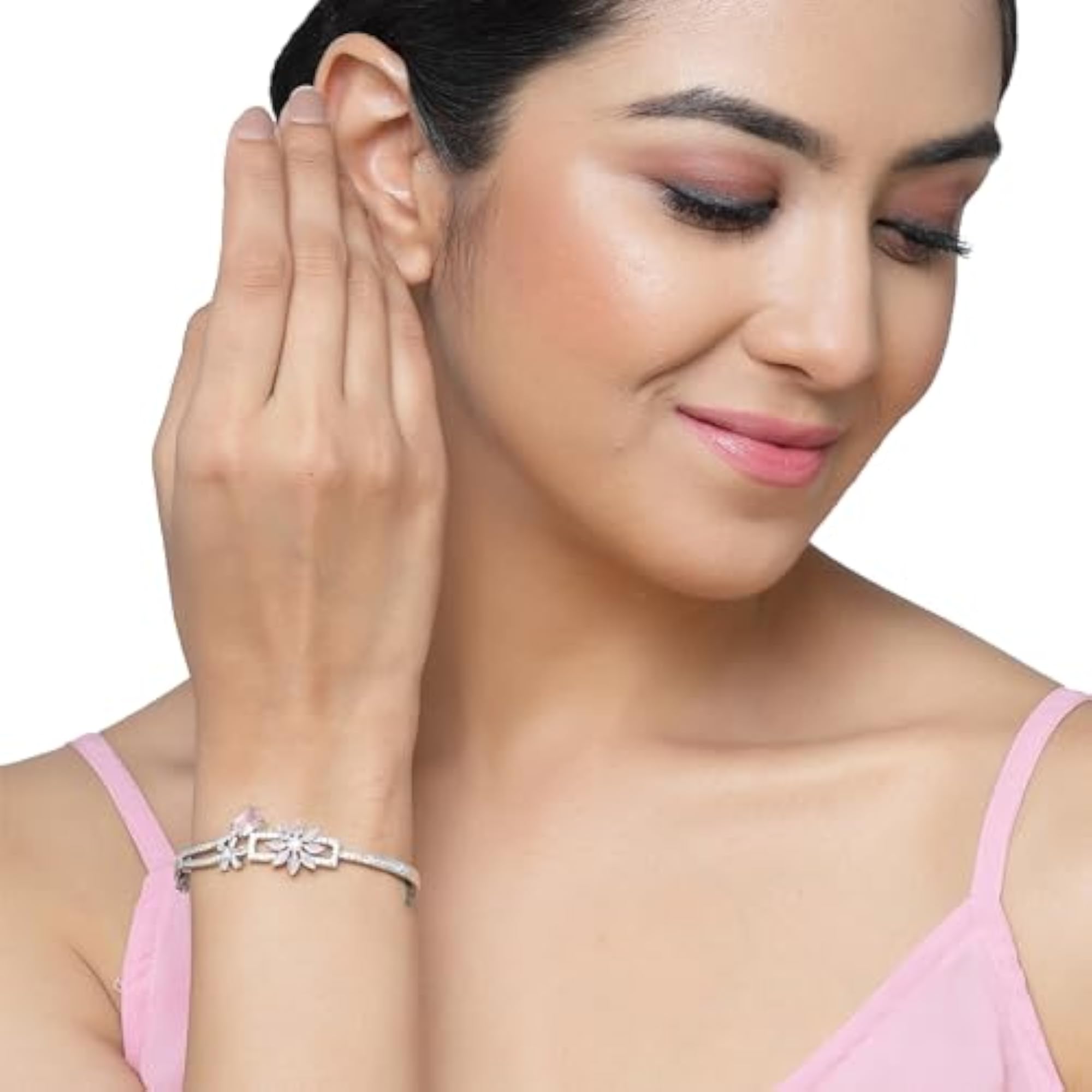 Rhodium-Plated AD Leaf Shaped Kada Bracelet (Sea Green)