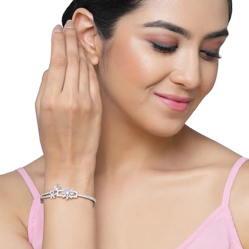Rhodium-Plated AD Leaf Shaped Kada Bracelet (Sea Green)