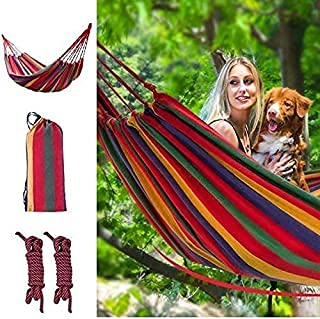 PIKFOS Garden Cotton Hammock Comfortable Fabric Hammock with Spreader Bar Durable Hammock Up to 450lbs Portable Lightweight Hammock with Travel Bag,Perfect for Camping Outdoor || Multicolor